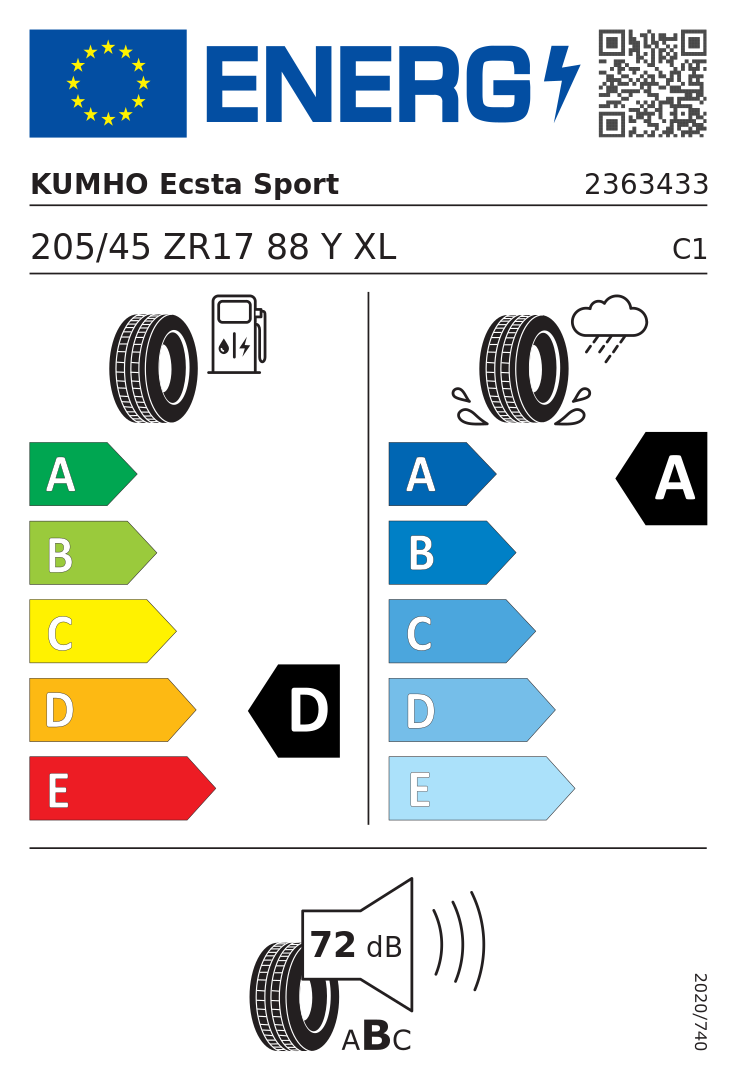 Etykieta opony Kumho Ecsta Sport PS72 205/45R17 88Y XL