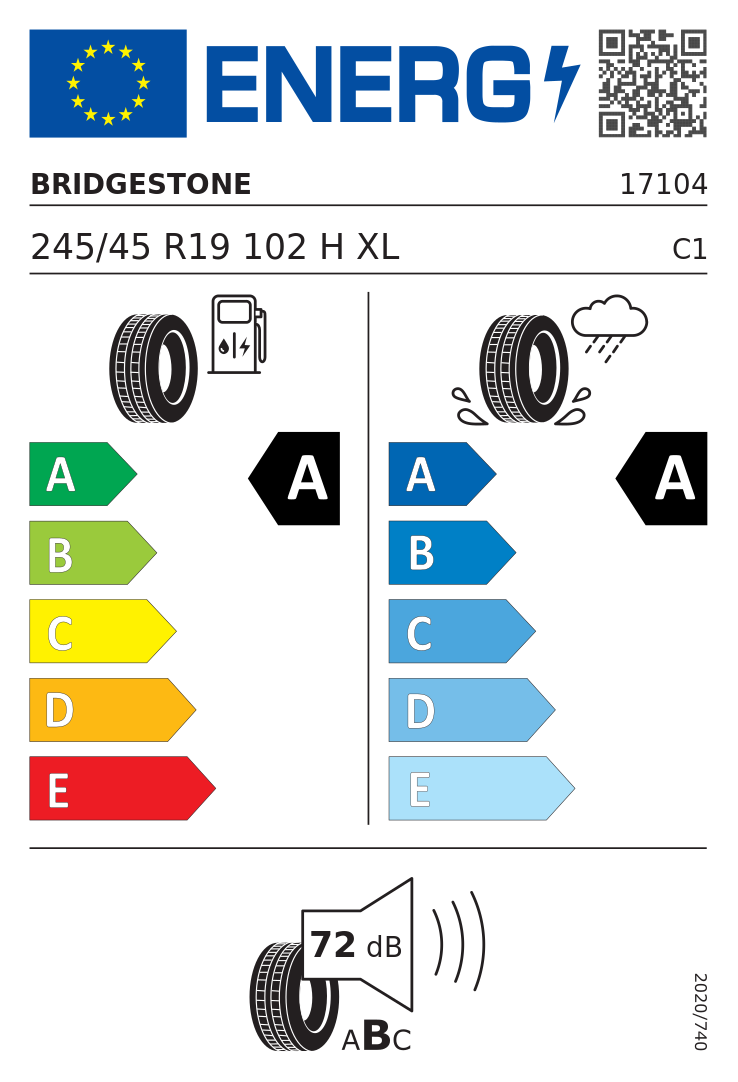 Etykieta opony Bridgestone Turanza T005 245/45R19 102H XL