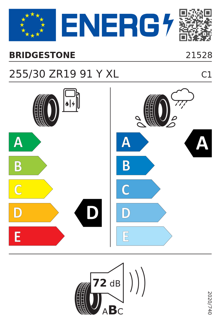 Etykieta opony Bridgestone Potenza Sport 255/30R19 91Y XL